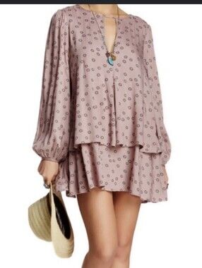 Free People Mauve Dot Tiered Tunic Mini Dress